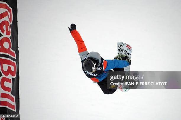 Luke Mitrani of the US competes during the Men's Snowboard Superpipe final of the European Winter X-Games, on March 21, 2013 in the ski resort of...