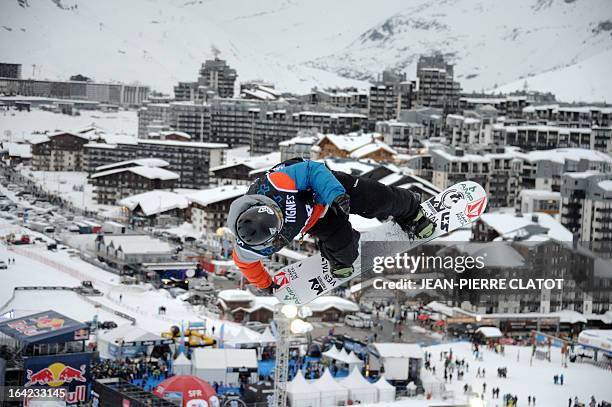 Luke Mitrani of the US competes during the Men's Snowboard Superpipe final of the European Winter X-Games, on March 21, 2013 in the ski resort of...