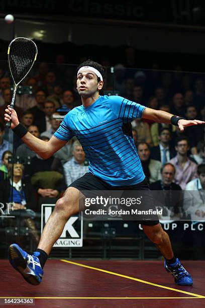 Mohamed El Shorbagy of Egypt in action against James Willstrop during their semi-final match a in the Canary Wharf Squash Classic on March 21, 2013...