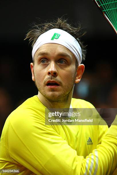 James Willstrop of England warms up ahead of his semi-final match against Mohamed El Shorbagy of Egypt in the Canary Wharf Squash Classic on March...