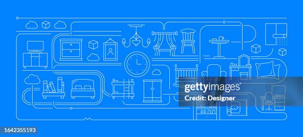 furniture related line style banner design for web page, headline, brochure, annual report and book cover - minimalist bedroom desk stock illustrations