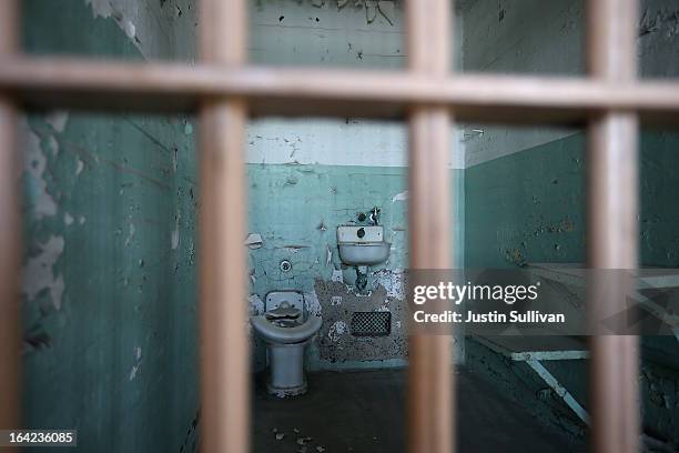 View of a cell at Alcatraz Island on March 21, 2013 in San Francisco, California. The National Park Service marked the 50th anniversary of the...