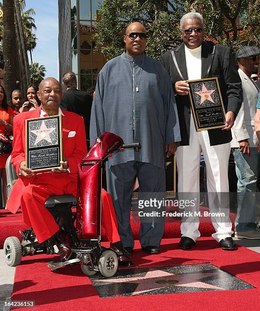 Eddie Willis and Jack Ashford are joined by Stevie Wonder during ceremony honoring The Funk Brothers on The Hollywood Walk Of Fame on March 21, 2013...