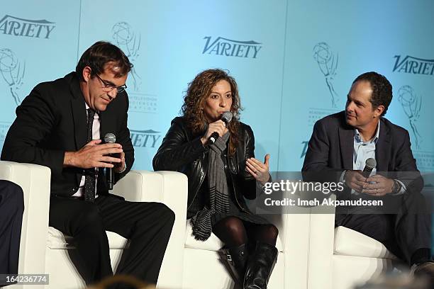 President at MundoFox Emiliano Saccone, GM at Mun2 Diana Mogollon and President NUVOTV Michael Schwimmer speak onstage at the Variety 2013 TV Summit...
