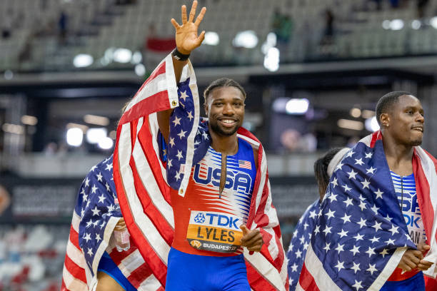 August 26: Noah Lyles of the United States celebrates the team's gold medal win in the Men's 4x100m Relay Final during the World Athletics...