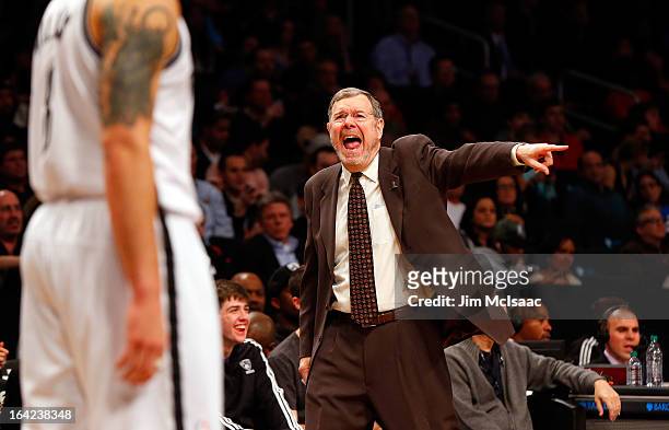 Interim head coach P.J. Carlesimo of the Brooklyn Nets in action against the Dallas Mavericks at Barclays Center on March 1, 2013 in the Brooklyn...