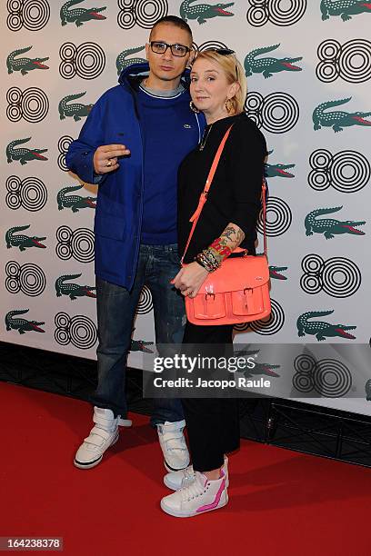 Emiliano Pepe and La Pina attend Lacoste 80th Anniversary cocktail party at La Rinascente on March 21, 2013 in Milan, Italy.