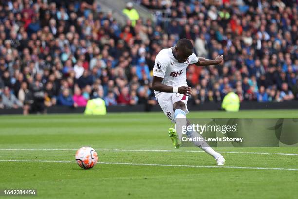 Moussa Diaby of Aston Villa scores the team's third goal during the Premier League match between Burnley FC and Aston Villa at Turf Moor on August...