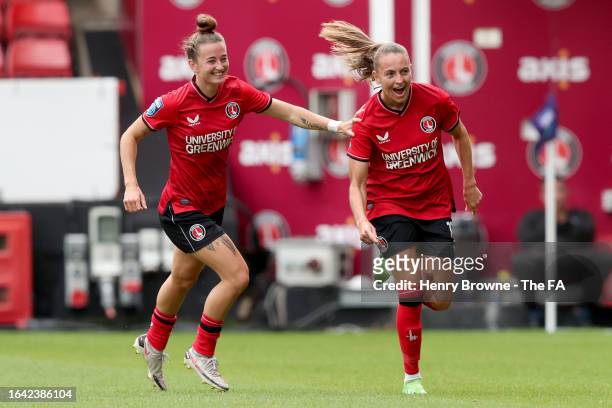 Kayleigh Green of Charlton Athletic celebrates after scoring their sides first goal during the Barclays FA Women's Championship match between...