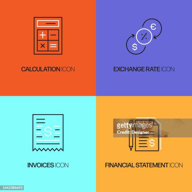 accounting related vector thin line icons. outline symbol collection - budget calculator stock illustrations