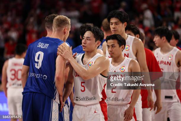 Players shake hands after the FIBA Basketball World Cup Group E game between Japan and Finland at Okinawa Arena on August 27, 2023 in Okinawa, Japan.