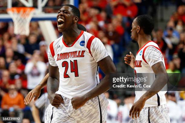 Montrezl Harrell of the Louisville Cardinals reacts after a turnover against the North Carolina A&T Aggies during the second round of the 2013 NCAA...