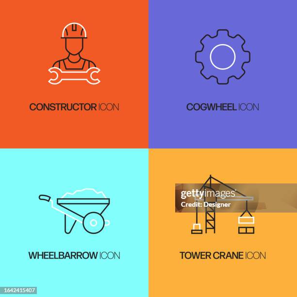 construction related vector thin line icons. outline symbol collection - electrical contractor working stock illustrations