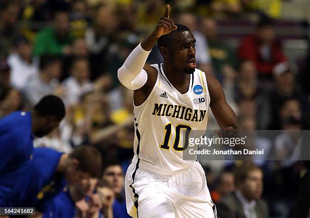 Tim Hardaway Jr. #10 of the Michigan Wolverines reacts in the first half against the South Dakota State Jackrabbits during the second round of the...