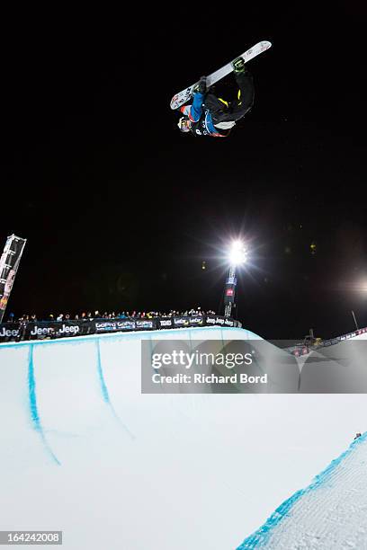 Fifth place Luke Mitrani performs during the Men's Snowboard Superpipe final during day four of Winter X Games Europe 2013 on March 21, 2013 in...