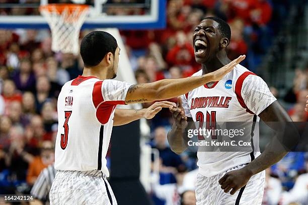 Montrezl Harrell of the Louisville Cardinals celebrates with Peyton Siva after a turnover against the North Carolina A&T Aggies during the second...