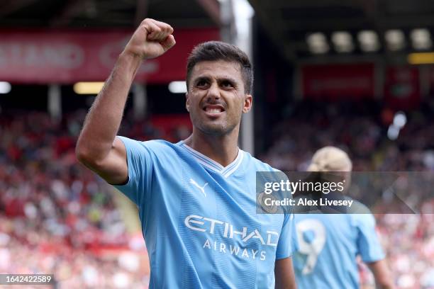 Rodri of Manchester City celebrates after scoring their sides second goal during the Premier League match between Sheffield United and Manchester...