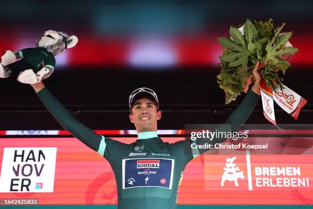 Ethan Vernon of The United Kingdom and Team Soudal - Quick Step - Green Points Jersey celebrates at podium during the 38th Deutschland Tour 2023,...