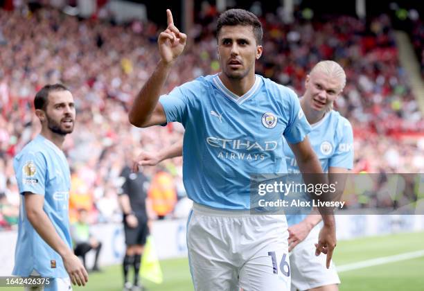 Rodri of Manchester City celebrates after scoring their sides second goal during the Premier League match between Sheffield United and Manchester...