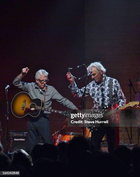 Singer-songwriter Nick Lowe performs with Robyn Hitchcock at A 60th Birthday Tribute To Robyn Hitchcock, at Village Underground, London, 28th...