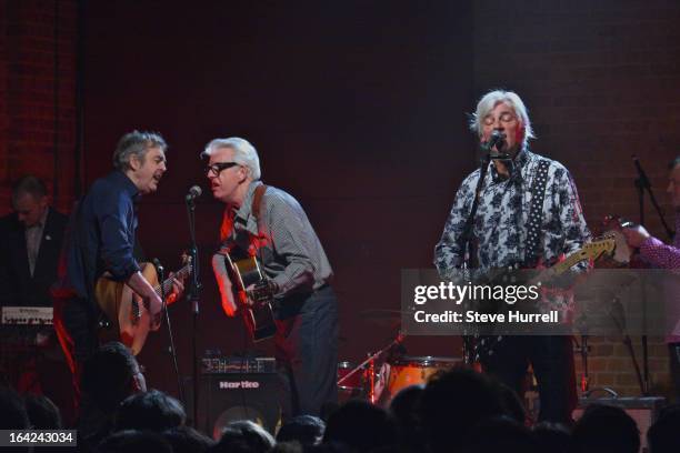 Music writer Mark Ellen and singer-songwriter Nick Lowe perform with Robyn Hitchcock at A 60th Birthday Tribute To Robyn Hitchcock, at Village...