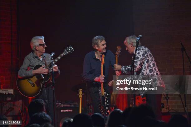 Singer-songwriter Nick Lowe and music writer Mark Ellen perform with Robyn Hitchcock at A 60th Birthday Tribute To Robyn Hitchcock, at Village...