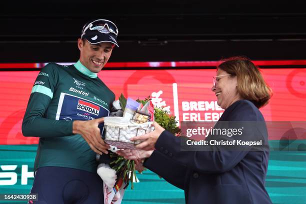 Ethan Vernon of The United Kingdom and Team Soudal - Quick Step - Green Points Jersey celebrates at podium during the 38th Deutschland Tour 2023,...