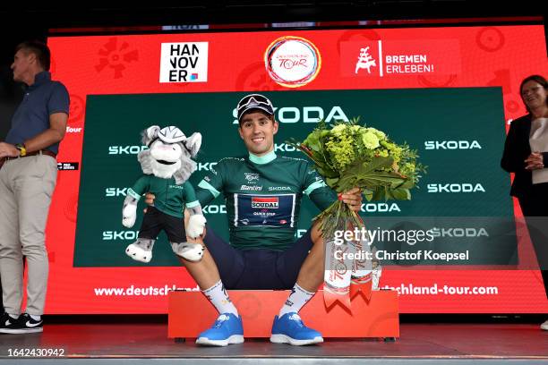 Ethan Vernon of The United Kingdom and Team Soudal - Quick Step - Green Points Jersey celebrates at podium during the 38th Deutschland Tour 2023,...