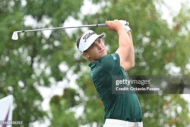 Todd Clements of England plays his shot from the 16th tee during Day Four of the D+D Real Czech Masters at Albatross Golf Resort on August 27, 2023...