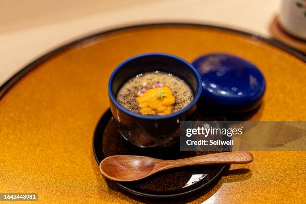 close-up of chawanmushi on the table - chawanmushi stock pictures, royalty-free photos & images