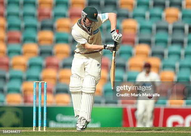 Jordan Silk of the Tigers bats during day one of the Sheffield Shield final between the Tasmania Tigers and the Queensland Bulls at Blundstone Arena...
