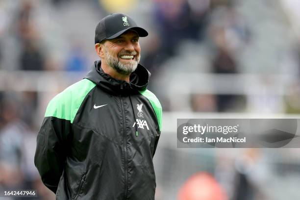 Juergen Klopp, Manager of Liverpool, reacts prior to the Premier League match between Newcastle United and Liverpool FC at St. James Park on August...