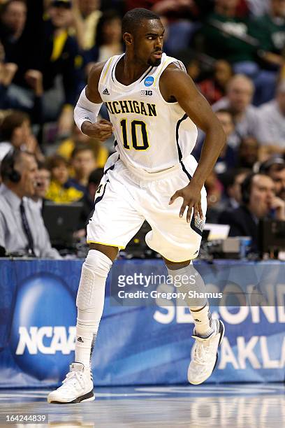 Tim Hardaway Jr. #10 of the Michigan Wolverines reacts in the second half against the South Dakota State Jackrabbits during the second round of the...