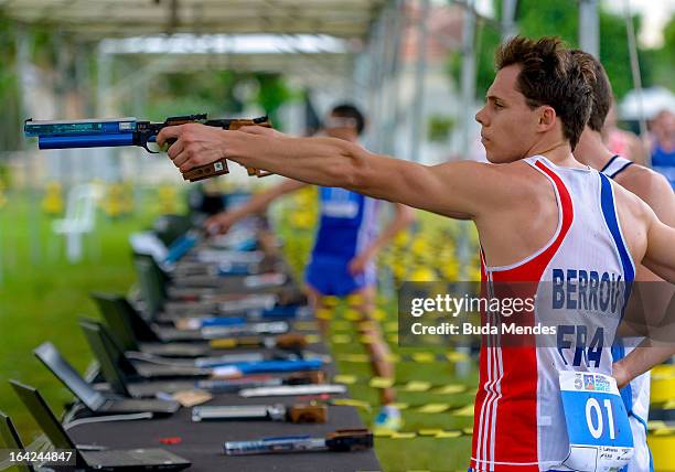 Jean Maxence Berrou of France competes in the Men's Pentathlon during the Modern Pentathlon World Cup Series 2013 at Complexo Deodoro on March 21,...