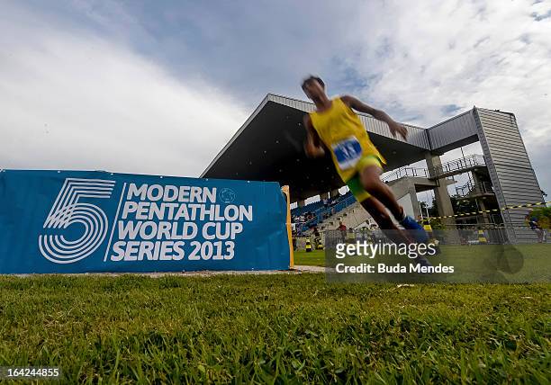 Victor Barbosa of Brazil competes in the Men's Pentathlon during the Modern Pentathlon World Cup Series 2013 at Complexo Deodoro on March 21, 2013 in...