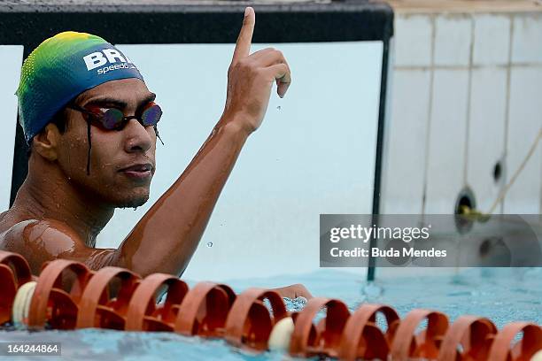 Lucas Santos of Brazil competes in the Men's Pentathlon during the Modern Pentathlon World Cup Series 2013 at Complexo Deodoro on March 21, 2013 in...