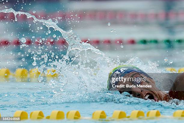 Lucas Santos of Brazil competes in the Men's Pentathlon during the Modern Pentathlon World Cup Series 2013 at Complexo Deodoro on March 21, 2013 in...