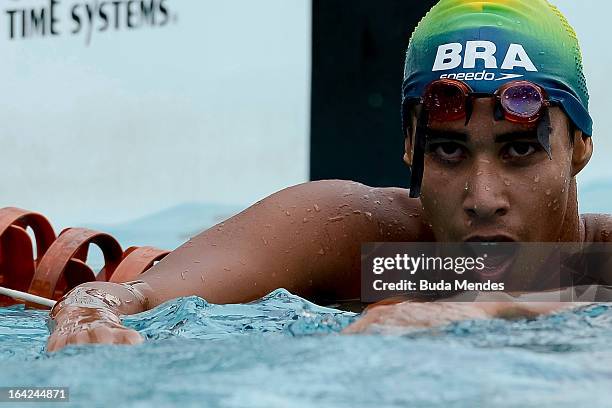 Lucas Santos of Brazil competes in the Men's Pentathlon during the Modern Pentathlon World Cup Series 2013 at Complexo Deodoro on March 21, 2013 in...