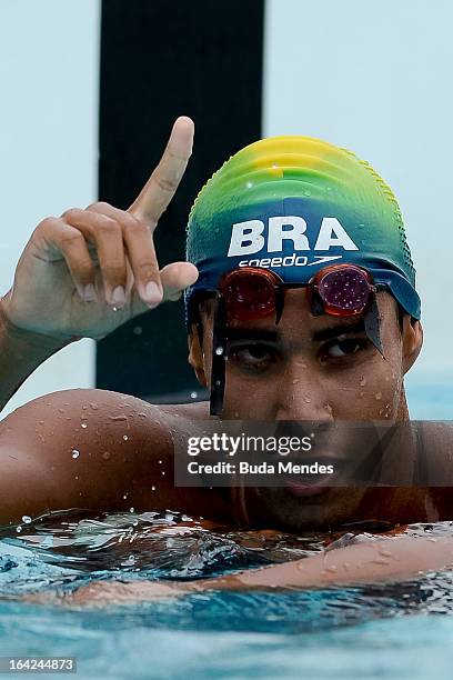 Lucas Santos of Brazil competes in the Men's Pentathlon during the Modern Pentathlon World Cup Series 2013 at Complexo Deodoro on March 21, 2013 in...