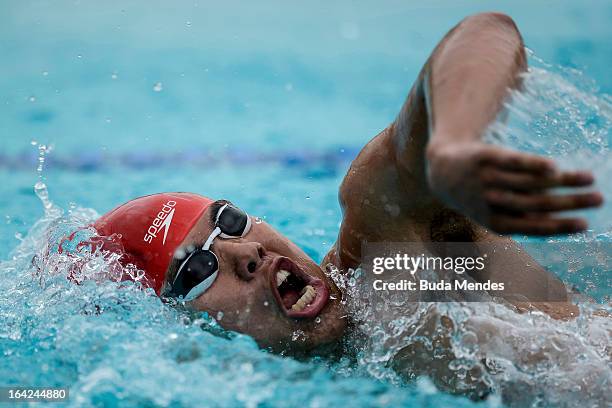 Jiahao Han of China competes in the Men's Pentathlon during the Modern Pentathlon World Cup Series 2013 at Complexo Deodoro on March 21, 2013 in Rio...