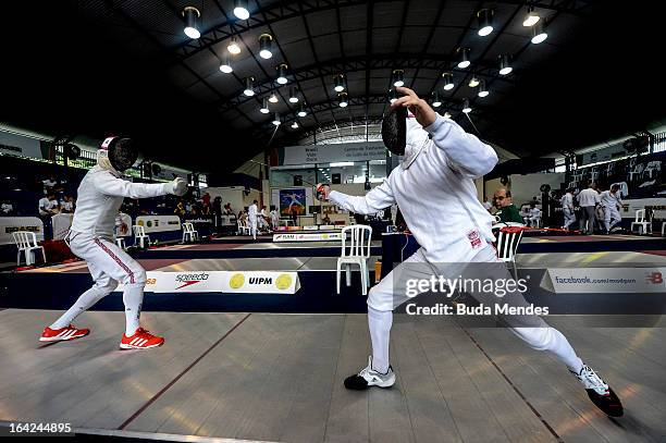 Nicholas Woodbridge of Great Britain competes in the Men's Pentathlon during the Modern Pentathlon World Cup Series 2013 at Complexo Deodoro on March...