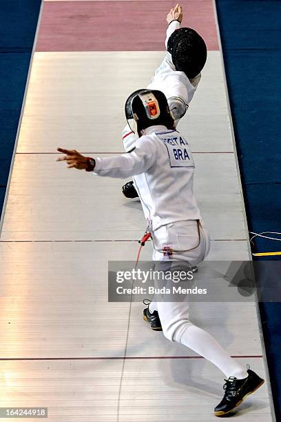 Adam Marosi of Hungary competes against Victor Barbosa of Brazil in the Men's Pentathlon during the Modern Pentathlon World Cup Series 2013 at...