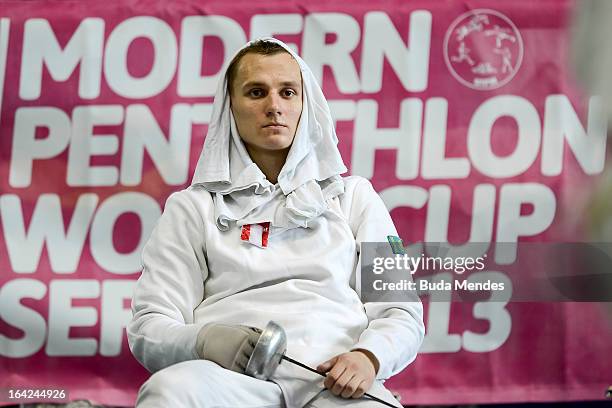 Joseph Evans of Great Britain in the Men's Pentathlon during the Modern Pentathlon World Cup Series 2013 at Complexo Deodoro on March 21, 2013 in Rio...