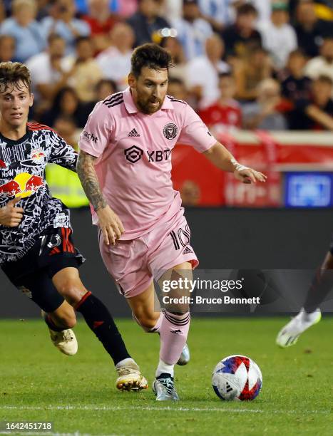 Lionel Messi of Inter Miami plays against the New York Red Bulls at Red Bull Arena on August 26, 2023 in Harrison, New Jersey.