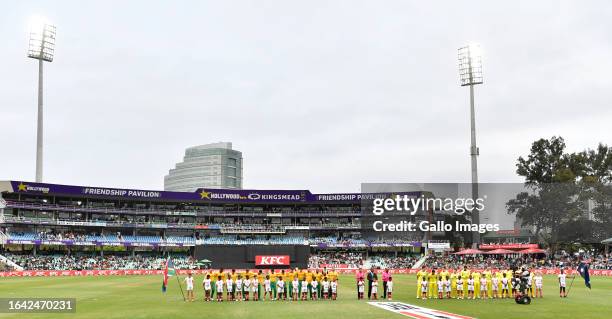 Anthems during the 3rd KFC T20 International match between South Africa and Australia at Hollywoodbets Kingsmead Stadium on September 03, 2023 in...