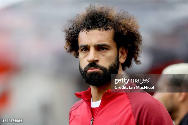 Mohamed Salah of Liverpool looks on prior to the Premier League match between Newcastle United and Liverpool FC at St. James Park on August 27, 2023...