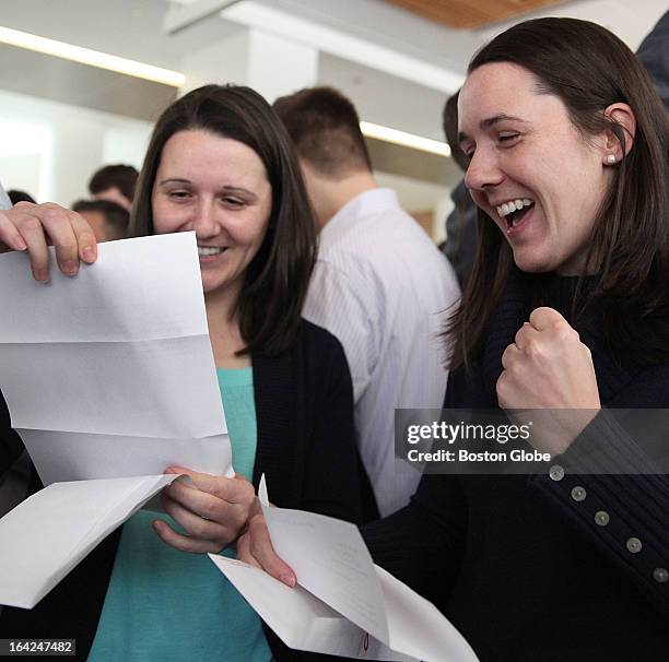 Twins Julia, left, and Lydia Parzych reacted during match day at UMass Medical School in Worcester, Friday, March 15, 2013. Lydia will work at UMass...