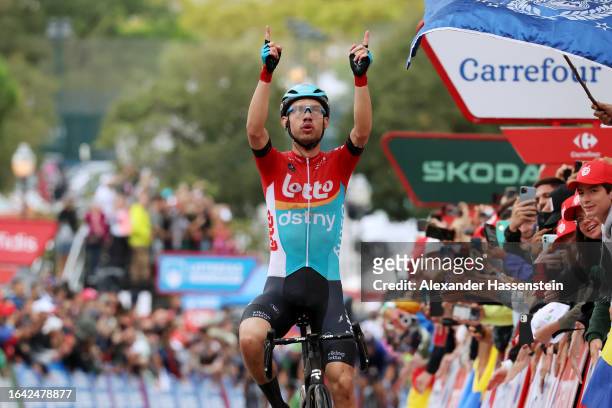 Andreas Kron of Denmark and Team Lotto Dstny dedicates the victory to his late teammate Tijl De Decker of Belgium during the 78th Tour of Spain 2023,...