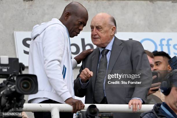 Faustino Asprilla, Former Newcastle United player and Sir John Hall, Former Chairman of Newcastle United interact prior to the Premier League match...