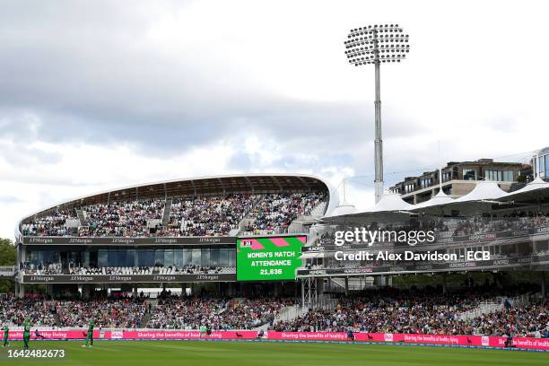 General view of the inside of the stadium as the LED Screen displays the message "Women's Match Attendance 21,636", which surpasses the Women's Ashes...